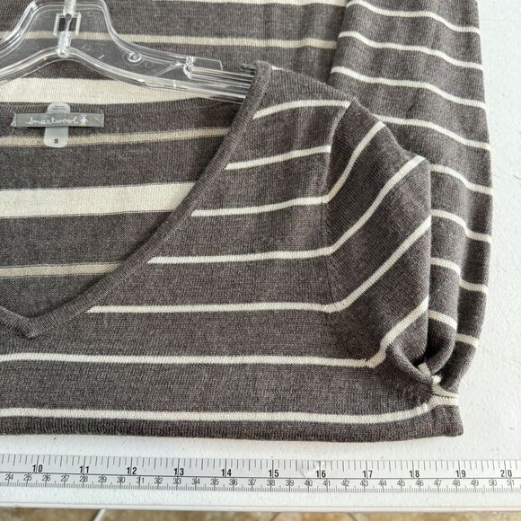Smartwool Striped V-Neck Sweater Size S Brown Merino Wool Quiet Luxury Office - Picture 8 of 9